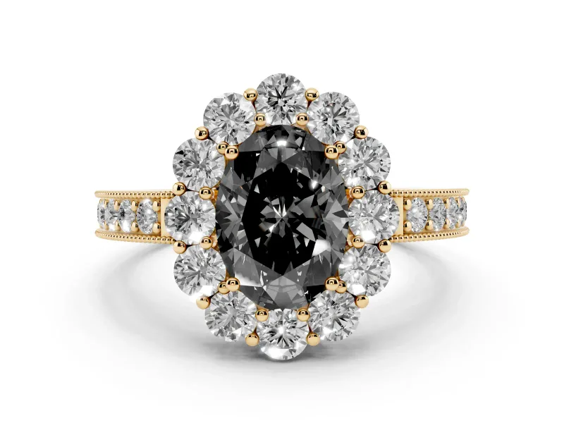 Fancy Black Oval Cut Diamond Halo Pavé Engagement Ring Set in Yellow gold with Milgrain Detailing