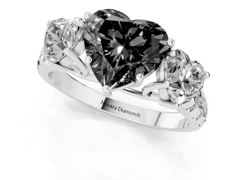 Heart-Shaped Three Stone Engagement Ring Setting for a Black Center | Accented Shoulders | White Gold