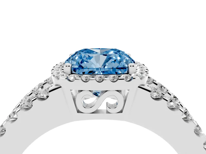 Fancy Blue Cushion Cut Diamond Halo Ring Set in Silver with Pavé Split Shank and Prong Setting