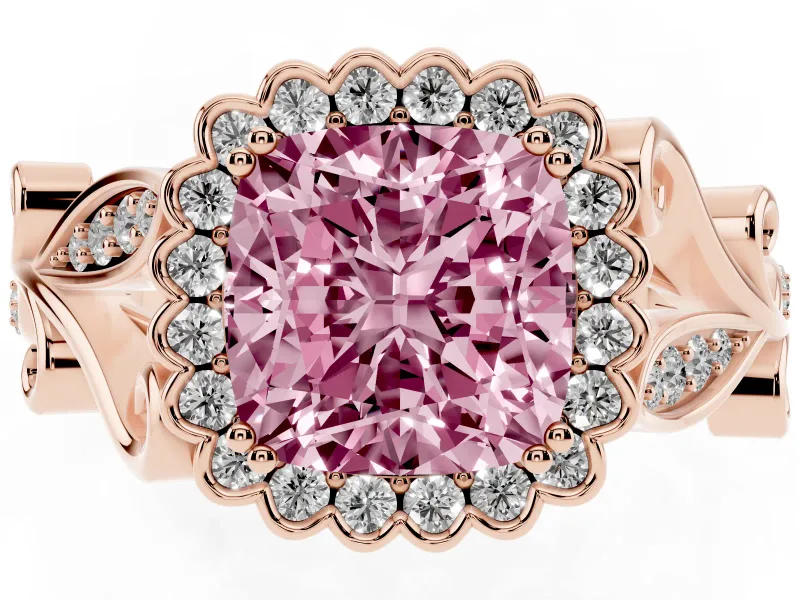 Cushion Cut Leaf Halo Engagement Ring Setting for a Fancy Pink Lab-Grown Diamond | Rose Gold