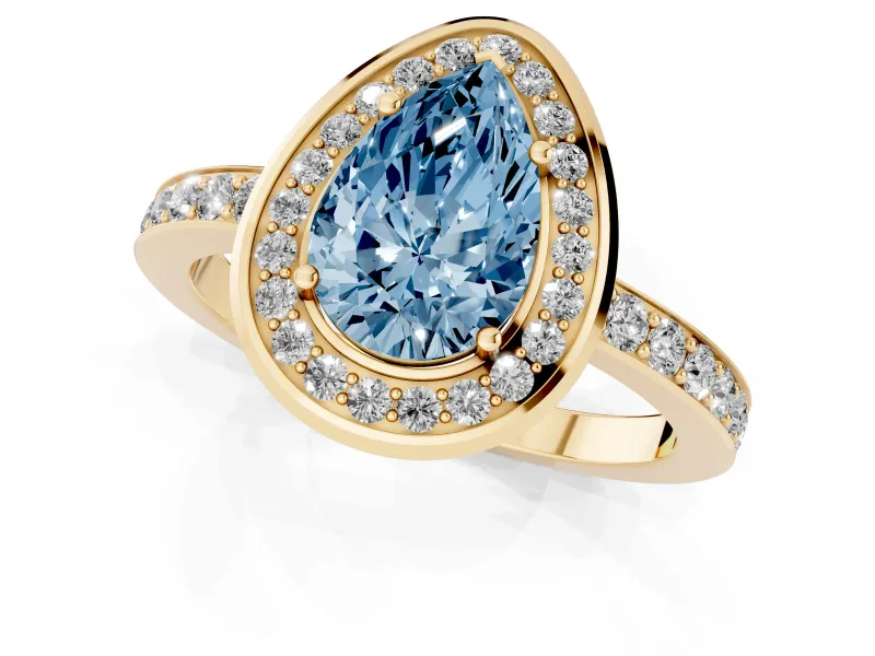 Pear-Shaped Bezel-Rim Halo Engagement Ring Setting for a Fancy Blue Lab-Grown Diamond | Pave Band | Yellow Gold