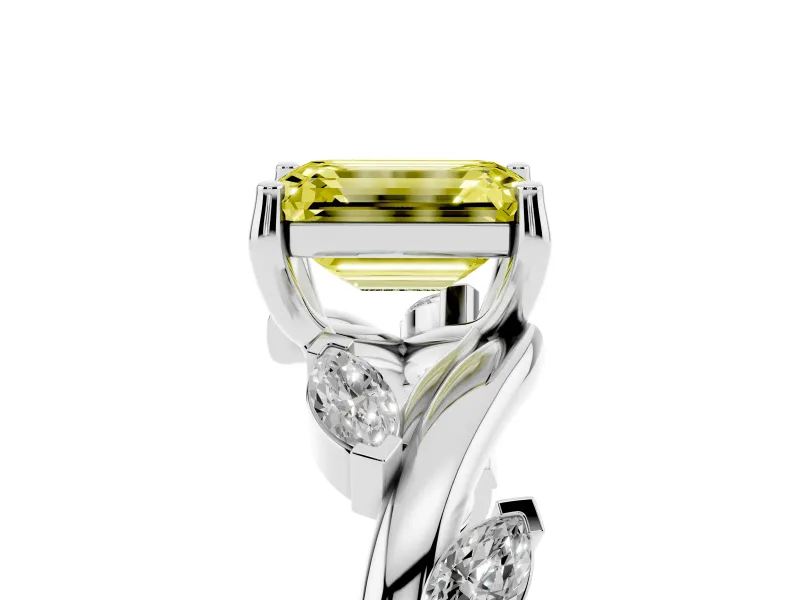 Fancy Yellow Emerald Cut Diamond Solitaire Ring Set in White gold with Twisted Marquise Accent Band