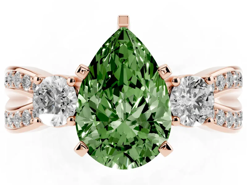 Pear-Shaped Three-Stone Pavé Twist Engagement Ring Setting for a Fancy Green Lab-Grown Diamond | Split Shank | Rose Gold