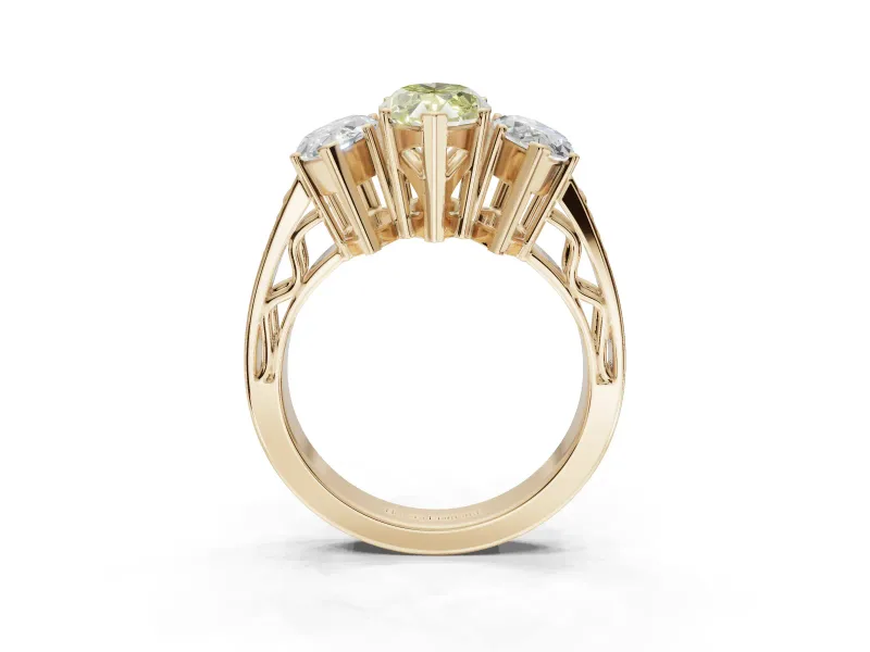 Marquise Three Stone Engagement Ring Setting for a Fancy Yellow Lab-Grown Diamond | Beaded Shoulders | Yellow Gold