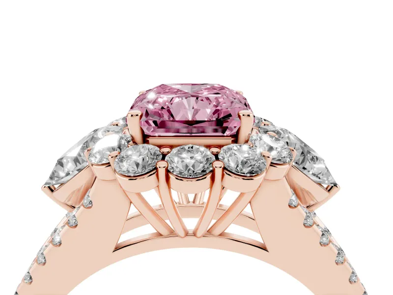 Radiant Cut Scalloped Halo Engagement Ring Setting for a Fancy Pink Lab-Grown Diamond | Pear Side Stones | Rose Gold