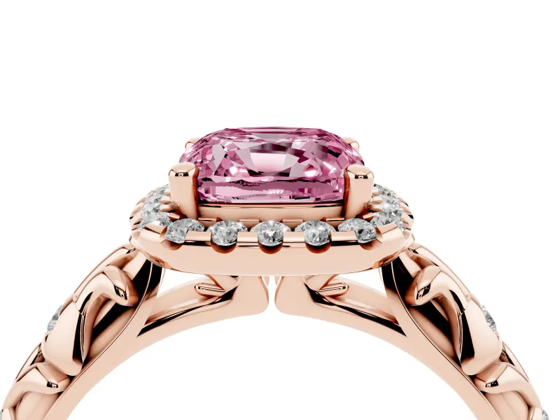 Cushion Cut Leaf Halo Engagement Ring Setting for a Fancy Pink Lab-Grown Diamond | Bezel Accents | Rose Gold