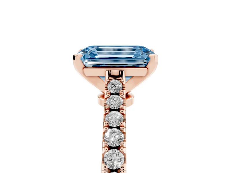 Emerald Cut Pavé Solitaire Engagement Ring Setting for a Fancy Blue Lab-Grown Diamond | Single Row Shoulders | Rose Gold