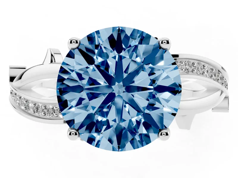 Fancy Blue Round Cut Diamond Pavé Twist Band Solitaire Ring Set in White gold with Prong Setting