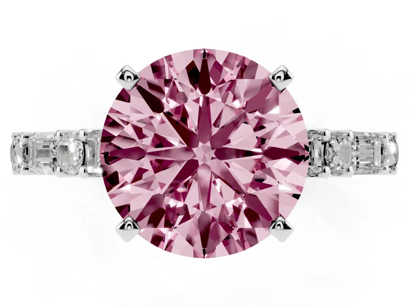 Fancy Pink Round Cut Diamond Solitaire Set in Platinum with Side Baguettes and Channel Set Band