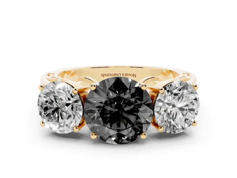 Fancy Black Round Cut Diamond Three-Stone Ring Set in Yellow gold with Textured Band