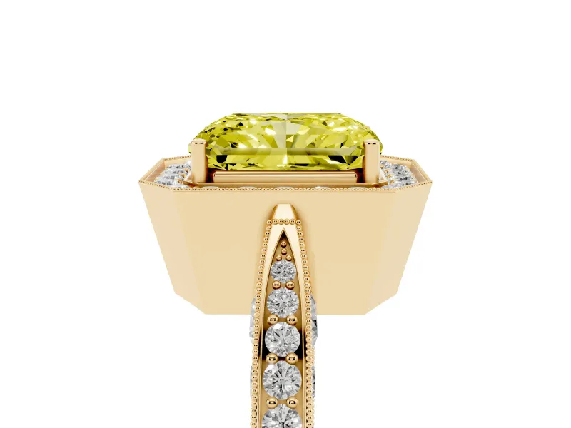 Radiant Cut Milgrain Halo Engagement Ring Setting for a Fancy Yellow Lab-Grown Diamond | Side Stones | Yellow Gold