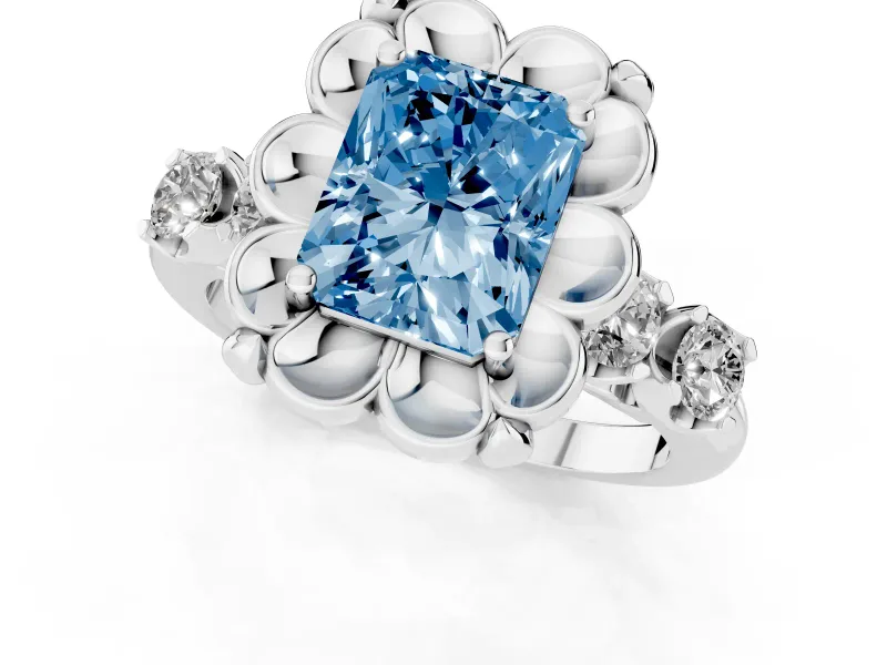 Fancy Blue Radiant Cut Diamond Floral Halo Ring Set in Platinum with Shared Prong Band