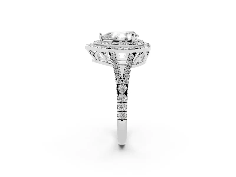 Pear-Shaped Double Halo Split Shank Engagement Ring Setting | Pavé Shoulders | Sterling Silver