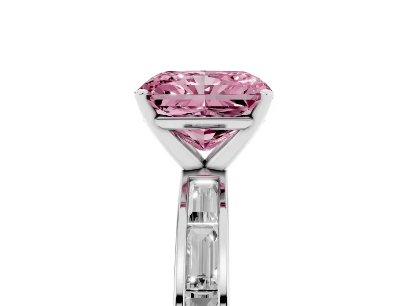 Fancy Pink Radiant Cut Diamond Solitaire Ring Set in Silver with Channel-Set Baguette Band and Prong Setting