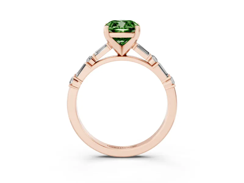 Cushion Cut Baguette Side Stone Engagement Ring Setting for a Fancy Green Lab-Grown Diamond | Rose Gold