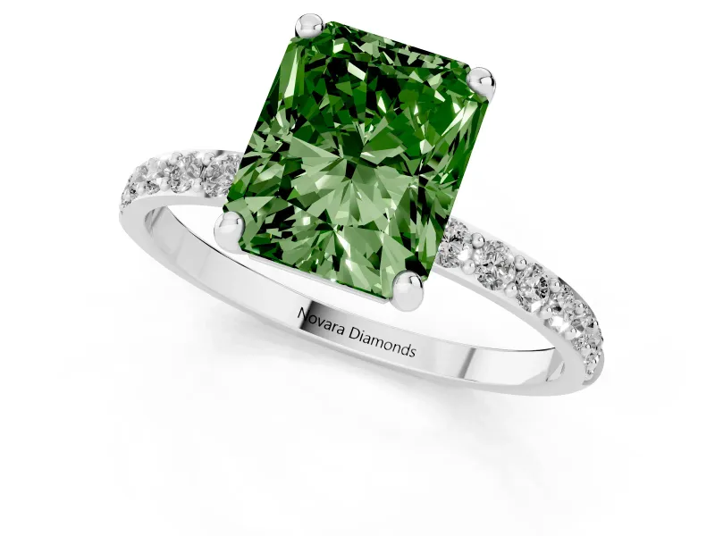 Radiant Cut Pave Solitaire Engagement Ring Setting for a Fancy Green Lab-Grown Diamond | Pave Shoulders | White Gold