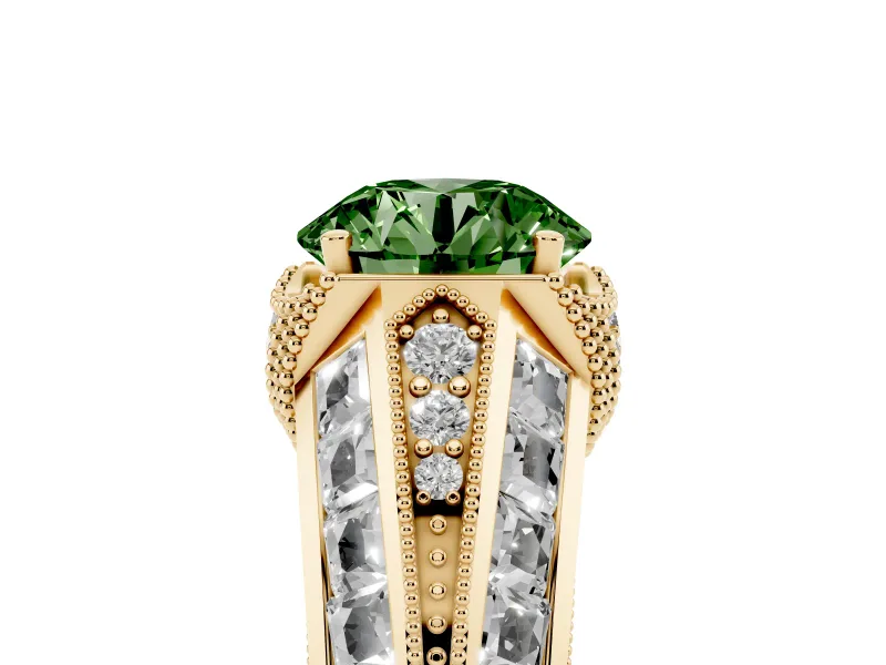 Fancy Green Round Cut Diamond Vintage-Inspired Milgrain Ring Set in Yellow gold with Accent Split Shank