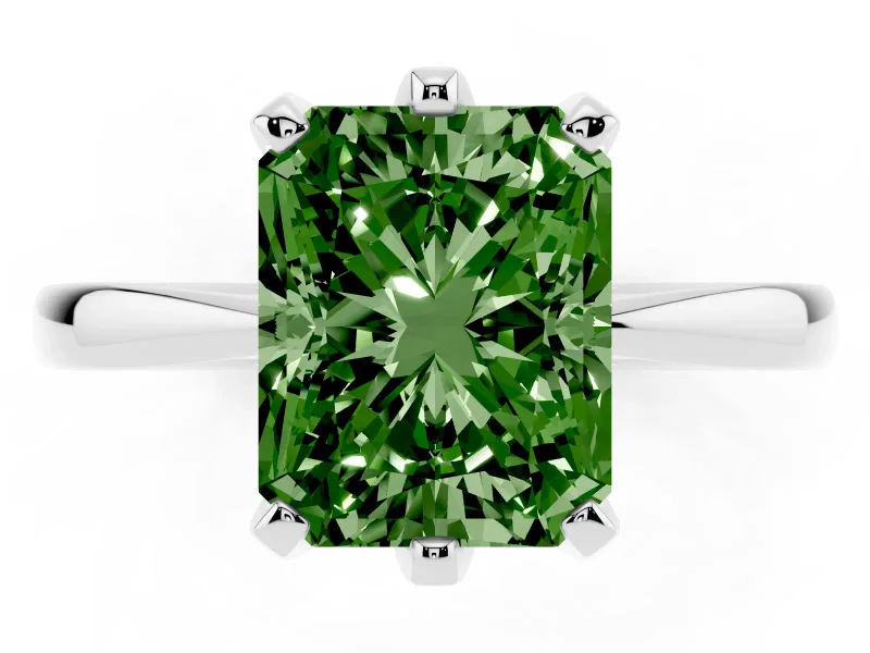 Fancy Green Radiant Cut Diamond Solitaire Engagement Ring Set in Platinum with Slim Tapered Solitaire Band