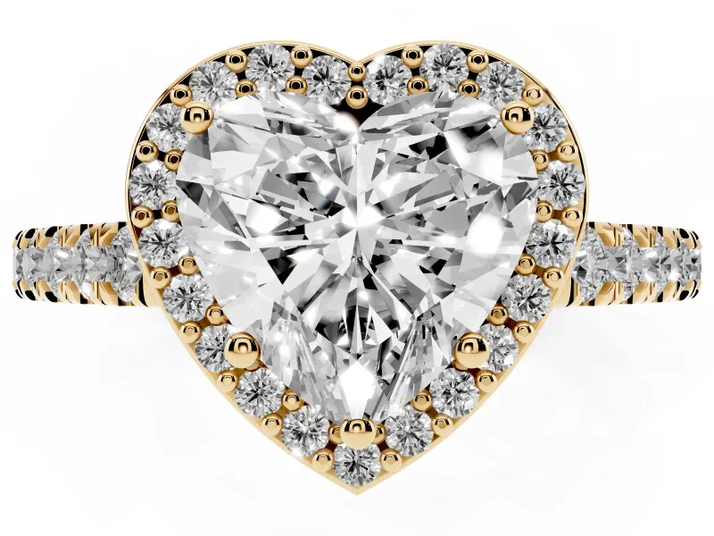 Heart Cut Diamond Halo Engagement Ring Set in Yellow gold with Pavé Band and Prong Setting