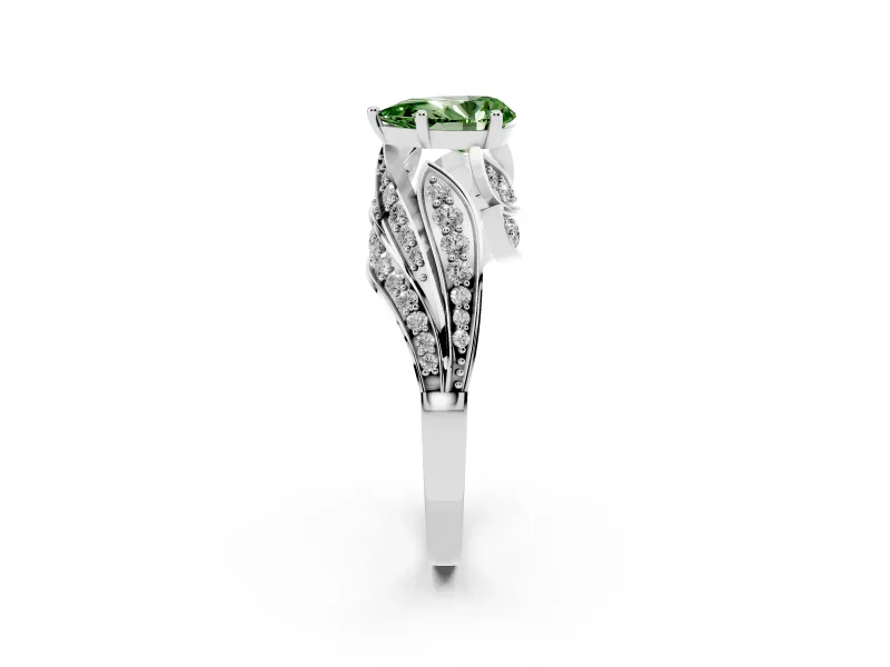 Fancy Green Pear Cut Diamond Solitaire Ring Set in Silver with Layered Twist Pavé Band