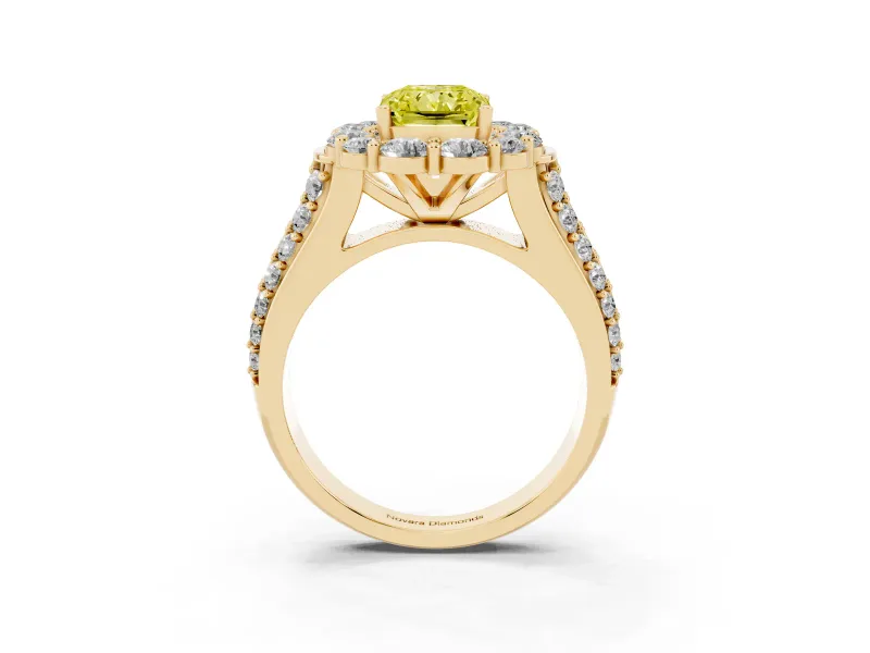 Fancy Yellow Radiant Cut Diamond Halo Engagement Ring Set in Yellow gold with Split Shank and Prong Setting