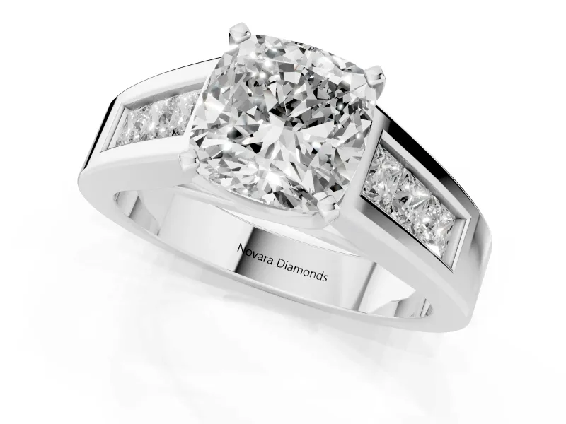 Cushion Cut Channel-Set Engagement Ring Setting | Princess Side Stones | Platinum