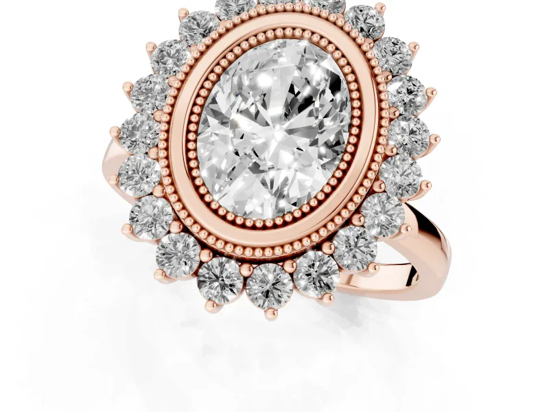 Oval Vintage Milgrain Bezel Halo Engagement Ring Setting | Sunburst Halo | Rose Gold