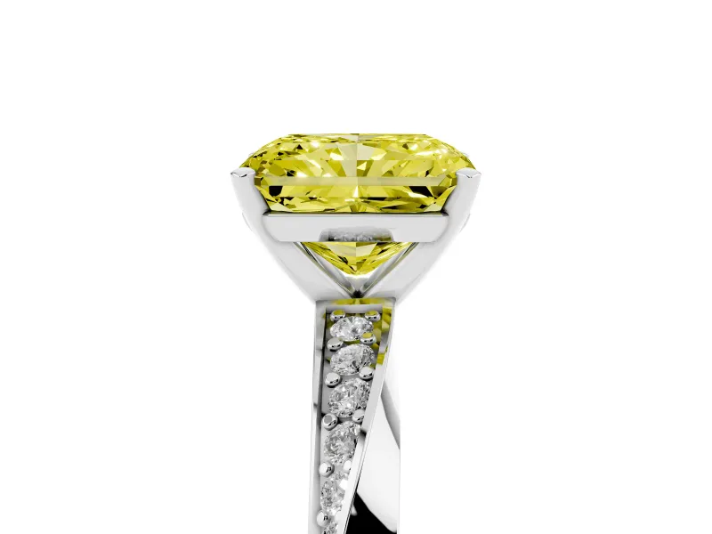 Fancy Yellow Radiant Cut Diamond Engagement Ring Set in Silver with Side Stone Accents and Prong Setting