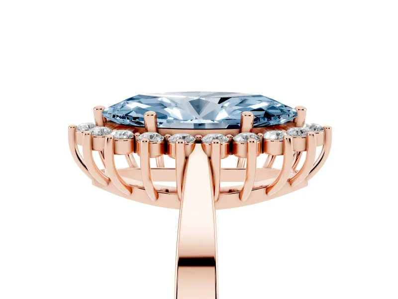Fancy Blue Marquise Cut Diamond Halo Ring Set in Rose gold with Round Halo and Smooth Solitaire Band