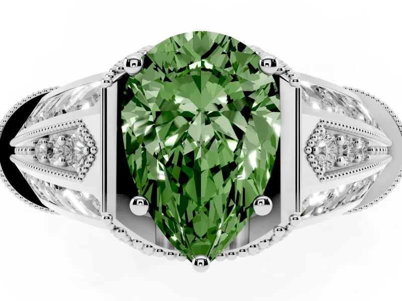 Fancy Green Pear Cut Diamond Vintage-Inspired Milgrain Ring Set in Platinum with Accent Split Shank