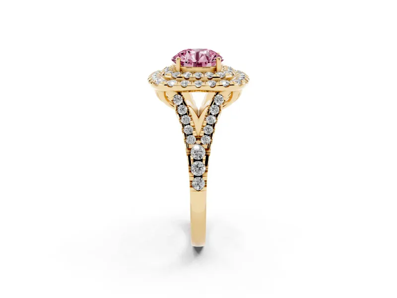 Round Halo Split Shank Engagement Ring Setting for a Fancy Pink Lab-Grown Diamond | Pavé Strands | Yellow Gold