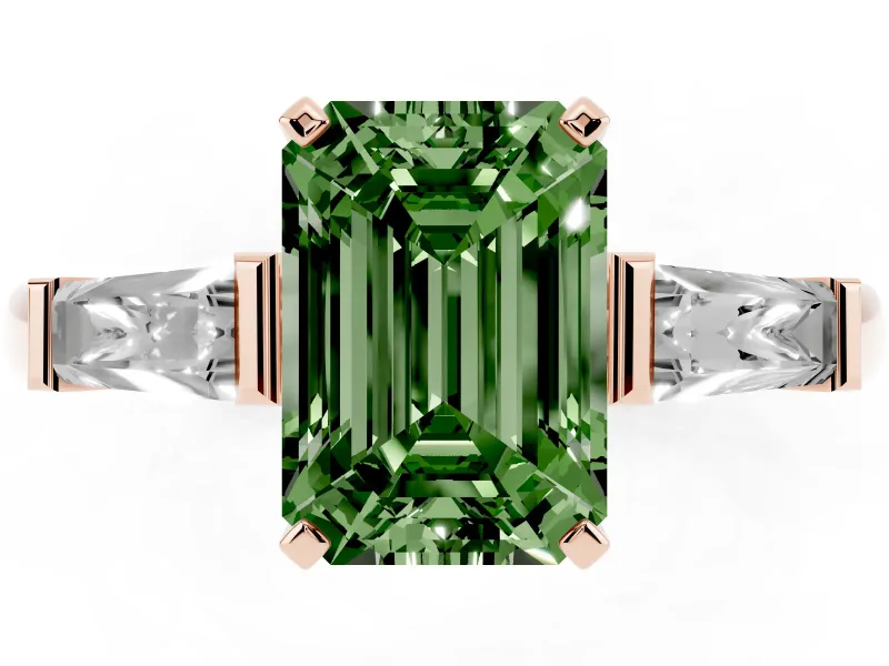 Fancy Green Emerald Cut Diamond Solitaire Ring Set in Rose gold with Tapered Baguette Side Stones and Prong Setting
