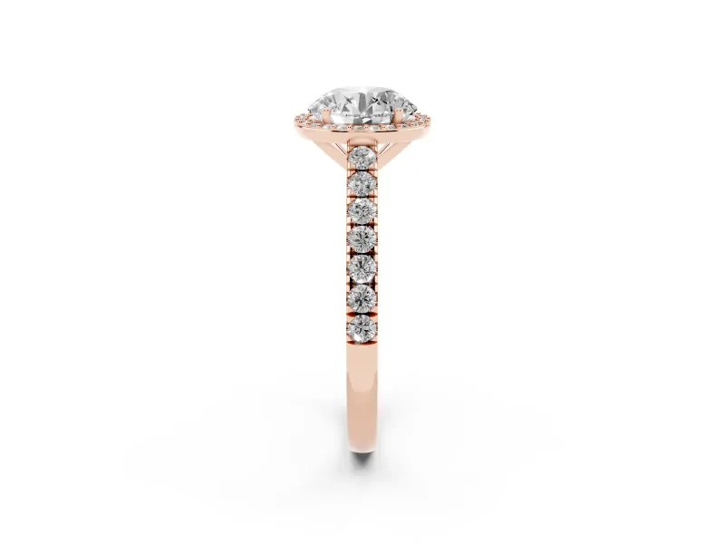 Round Cut Diamond Halo Engagement Ring Set in Rose gold with Pavé Band and Prong Setting