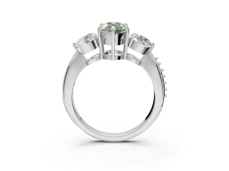 Pear-Shaped Three Stone Engagement Ring Setting for a Fancy Green Lab-Grown Diamond | Tapered Pave Band | Platinum