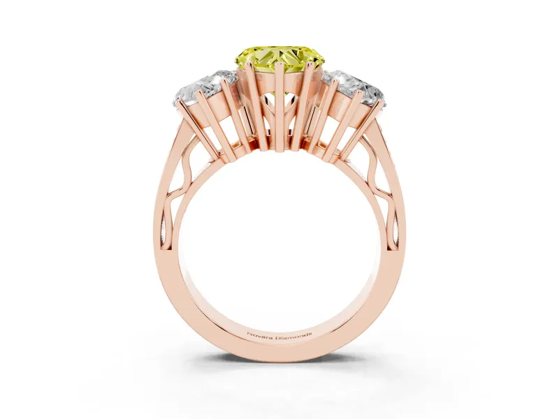 Heart-Shaped Three Stone Engagement Ring Setting for a Fancy Yellow Lab-Grown Diamond | Beaded Shoulders | Rose Gold