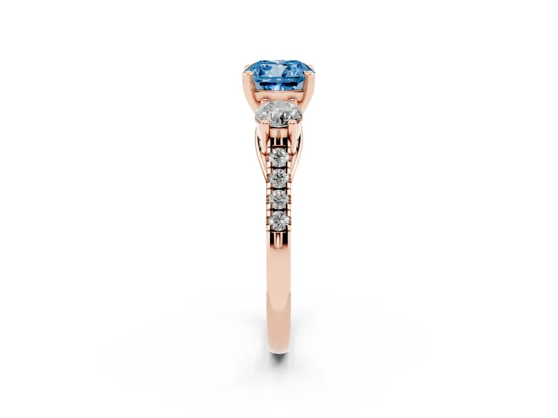 Cushion Cut Three-Stone Engagement Ring Setting for a Fancy Blue Lab-Grown Diamond | Rose Gold