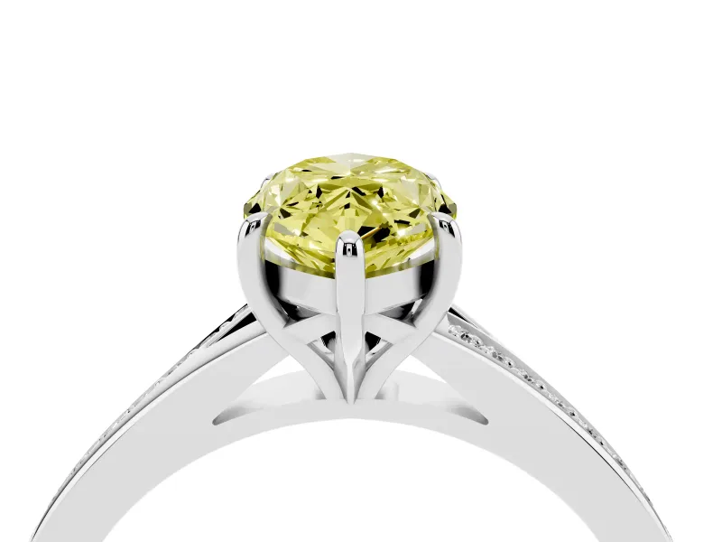 Fancy Yellow Marquise Cut Diamond Solitaire Ring Set in Platinum with Pavé Accent Band and Classic Prong Setting
