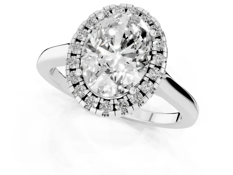 Oval Cut Halo Round Diamond Solitaire Ring Set in White gold with Pavé Band and Prong Setting