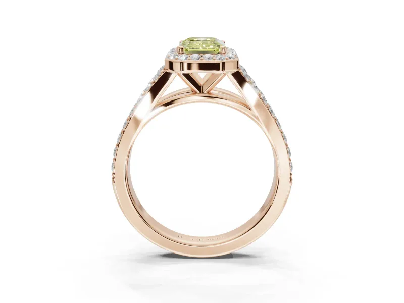Emerald Cut Halo Pavé Engagement Ring Setting for a Fancy Yellow Lab-Grown Diamond | Narrow Split Shank | Rose Gold