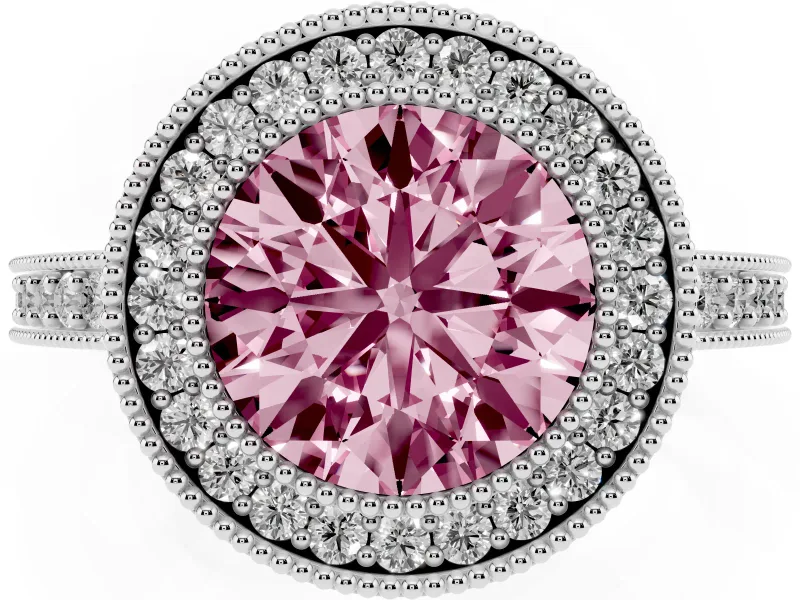 Round Milgrain Halo Engagement Ring Setting for a Fancy Pink Lab-Grown Diamond | Pave Band | Platinum