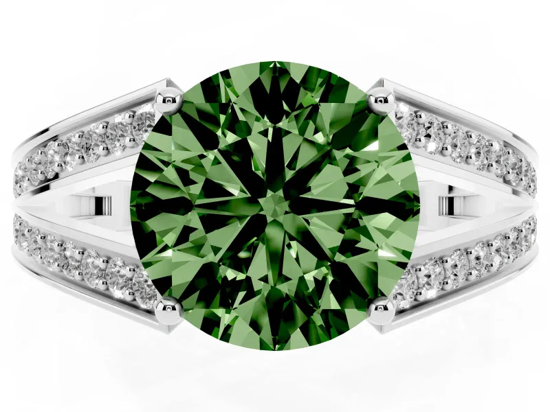 Fancy Green Round Cut Diamond Split Shank Ring Set in Platinum with Pavé Band and Prong Setting