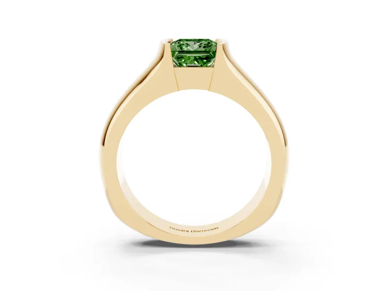 Princess Cut Half Bezel Solitaire Engagement Ring Setting for a Fancy Green Lab-Grown Diamond | Wide Band | Yellow Gold