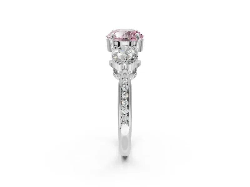 Round Three Stone Engagement Ring Setting for a Fancy Pink Lab-Grown Diamond | Tapered Pave Band | Platinum