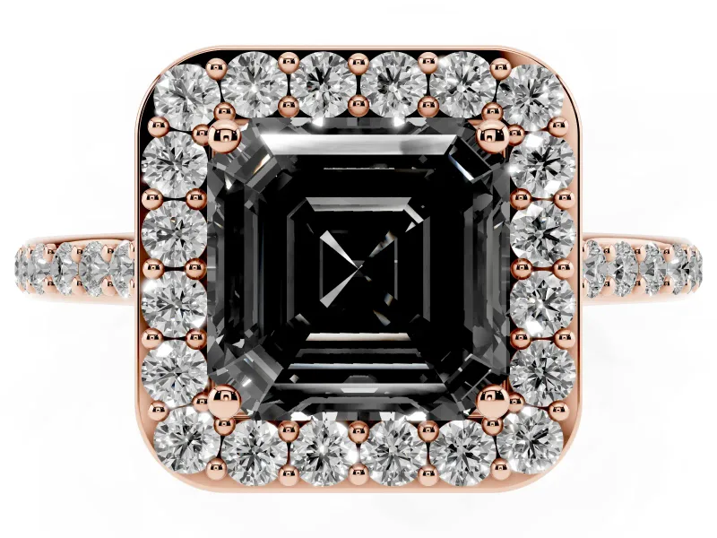 Asscher Cut Pavé Halo Engagement Ring Setting for a Black Center | Rose Gold