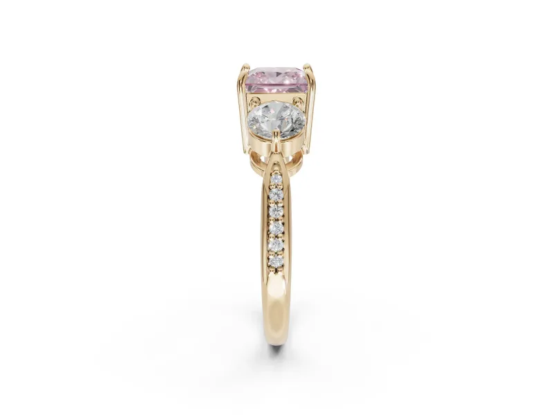 Princess Cut Three Stone Engagement Ring Setting for a Fancy Pink Lab-Grown Diamond | Tapered Pave Band | Yellow Gold