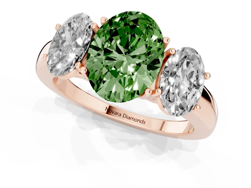 Oval Three Stone Engagement Ring Setting for a Fancy Green Lab-Grown Diamond | Matching Side Stones | Rose Gold
