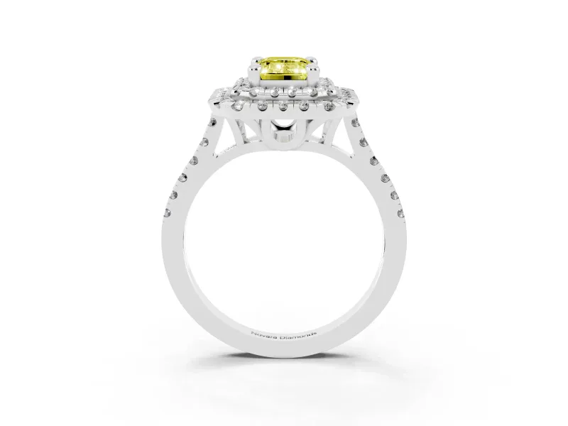 Fancy Yellow Emerald Cut Diamond Double Halo Statement Ring Set in Platinum with Pavé Band