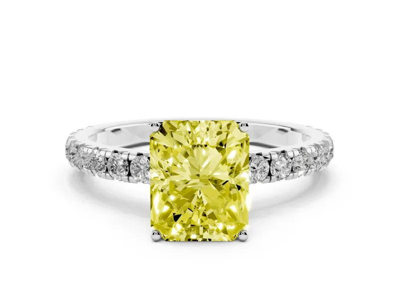 Fancy Yellow Radiant Cut Diamond Pavé Solitaire Engagement Ring Set in Platinum with Prong Setting
