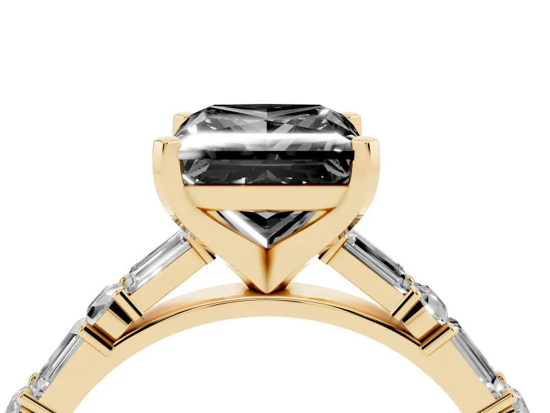 Fancy Black Princess Cut Diamond Solitaire Set in Yellow gold with Side Baguettes and Channel Set Band