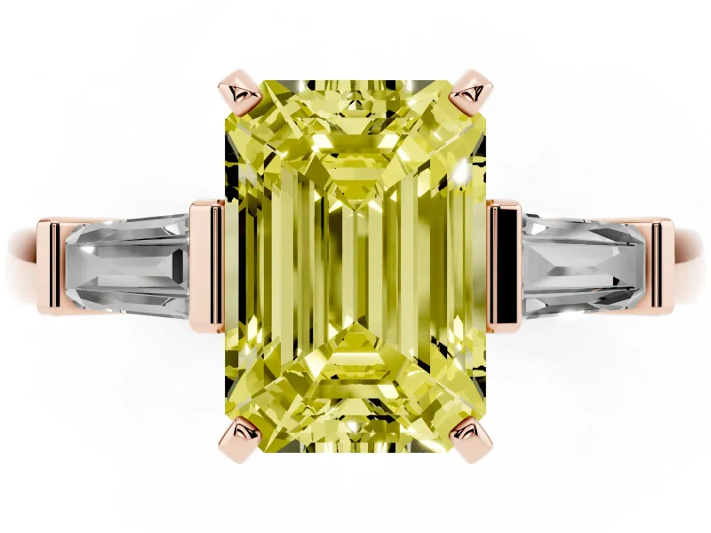 Emerald Cut Three-Stone Engagement Ring Setting for a Fancy Yellow Lab-Grown Diamond | Tapered Baguettes | Rose Gold